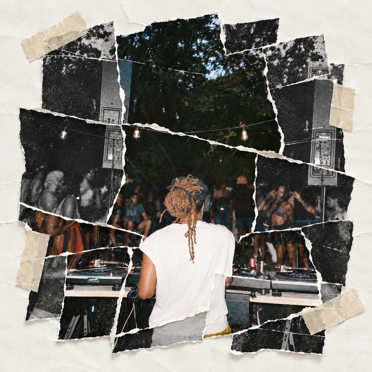 DJ B.A.E. performing, as a torn-paper photo collage